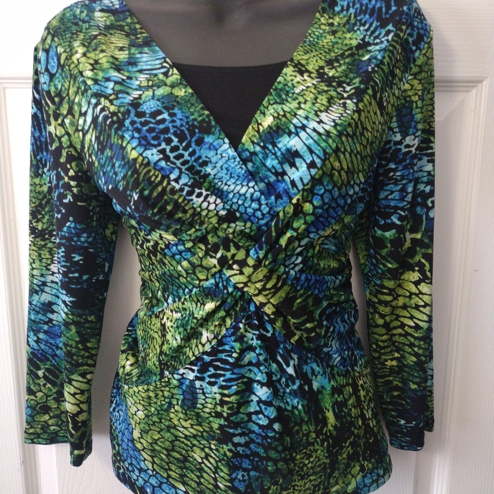 Kim Rogers Blue Green Wrap Blouse 3/4 Sleeve